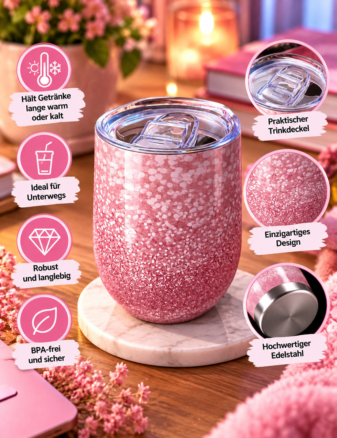 Thermobecher klein rosa Glitzer