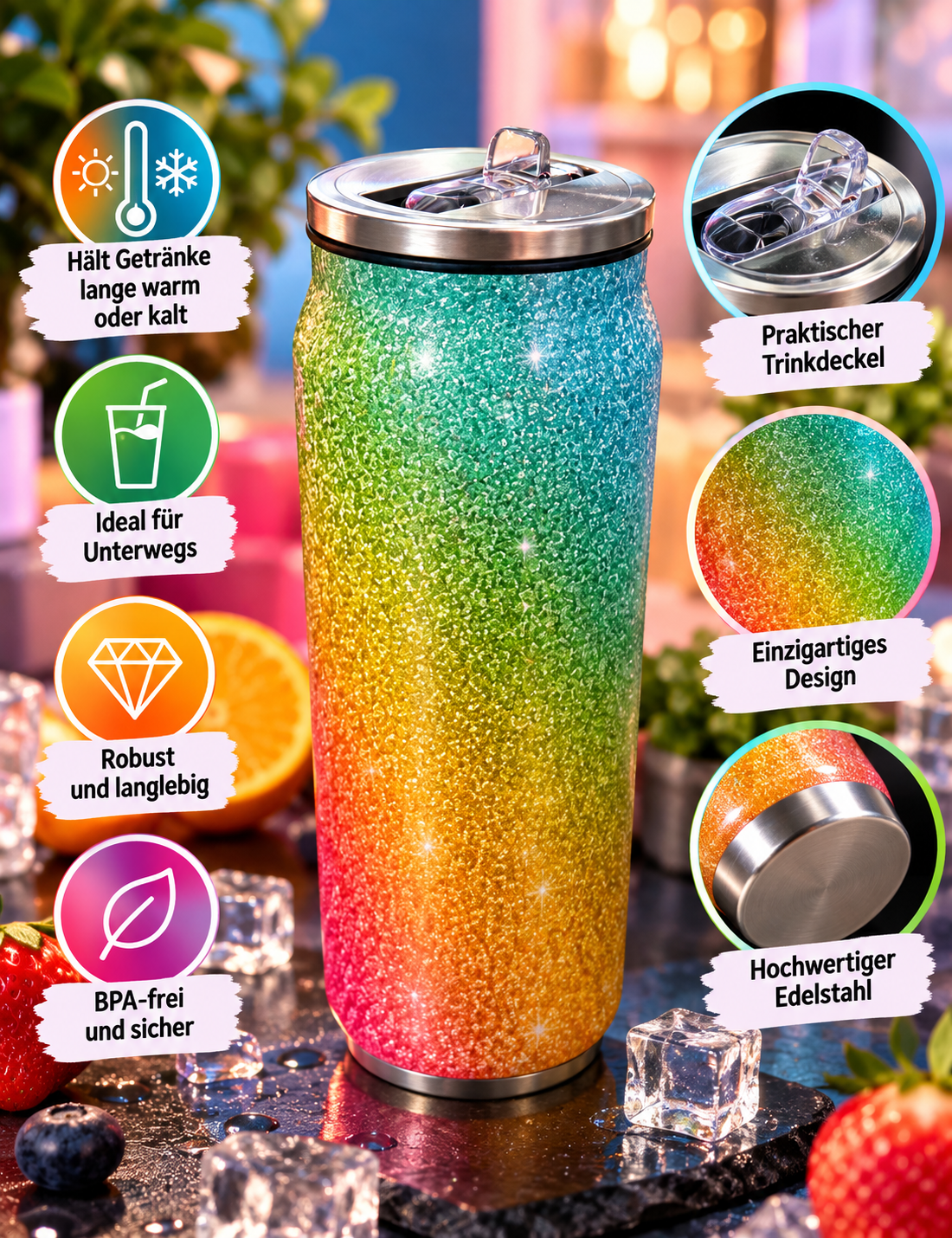 Thermobecher Glitzer bunt
